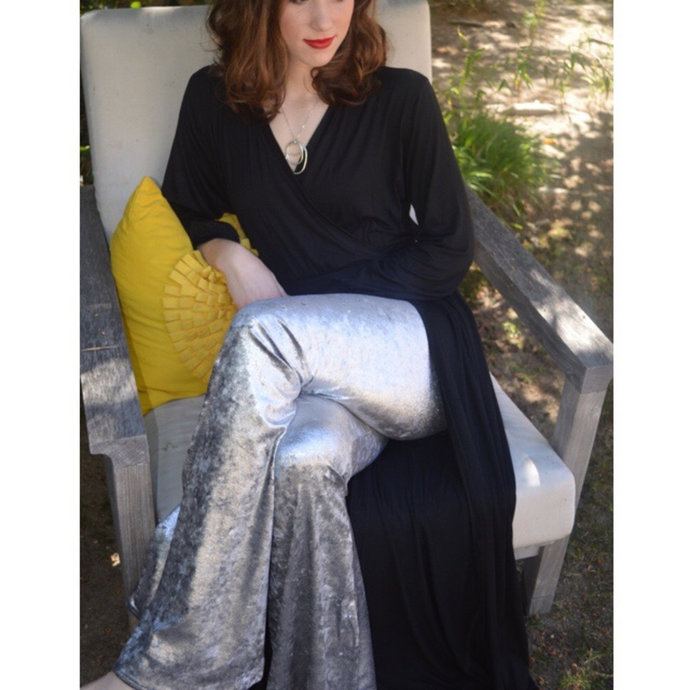 NWT VEGAN Velvet Bell Bottoms in Silver